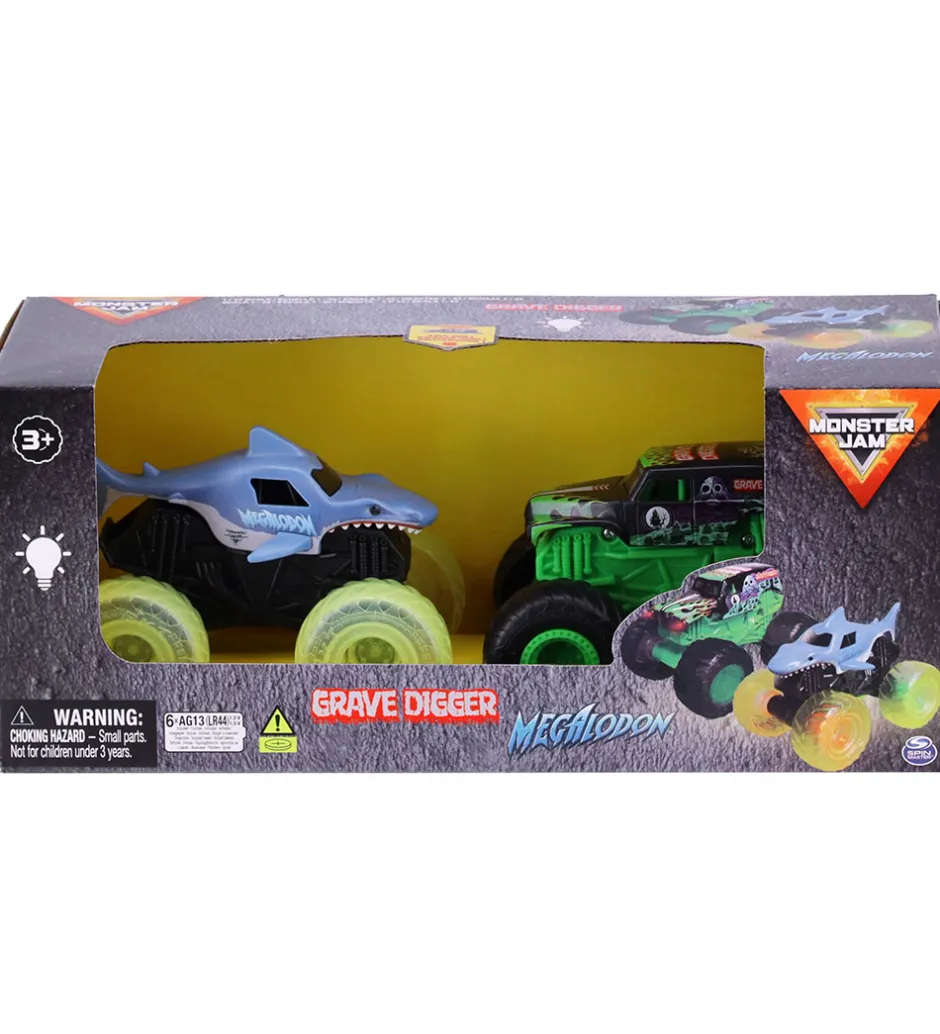 Trucks - 1:43 - 2-pak -Grave Digger/Megalodon m. Lys>Monster Jam Hot